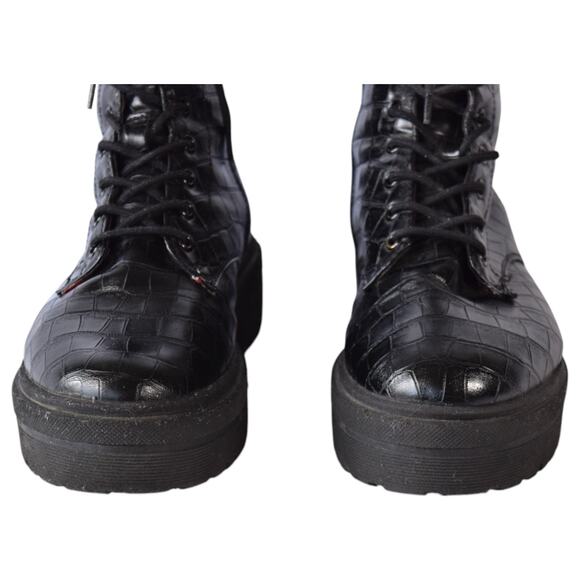 Black Faux Leather Croc Combat Boots – Platform Lace-Up – Size 7 Extra Wide - Picture 3 of 9